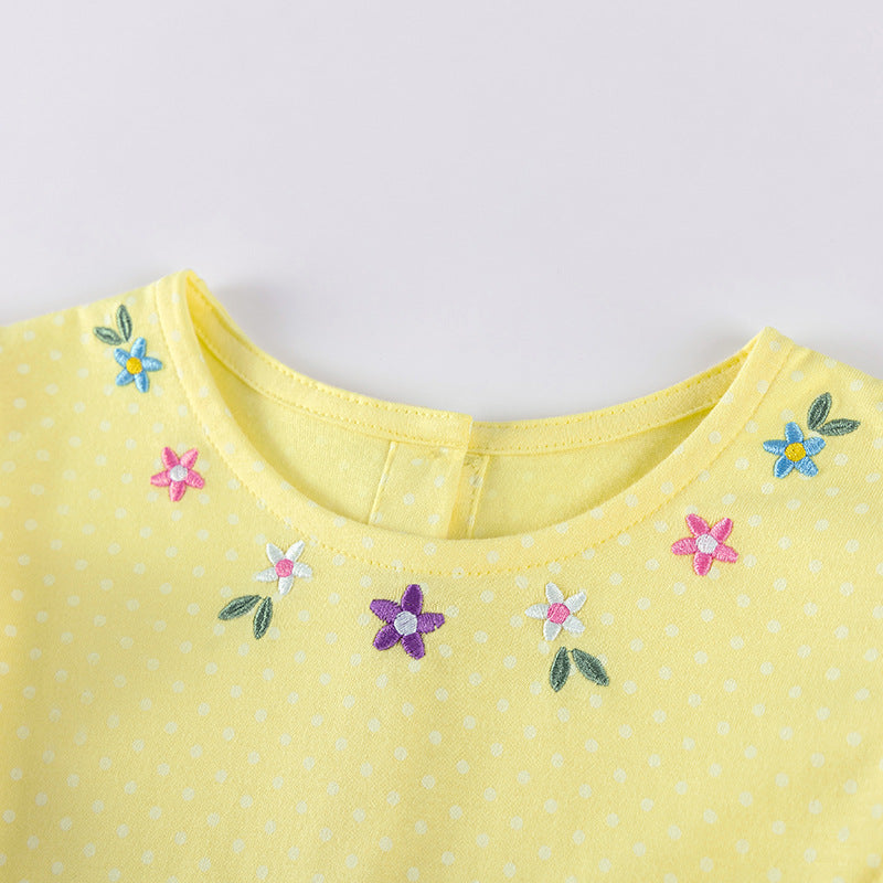 Autumn Arrival Cartoon Rabbits and Flowers Pattern Long Sleeves Crew Neck Dress for Stylish Girls