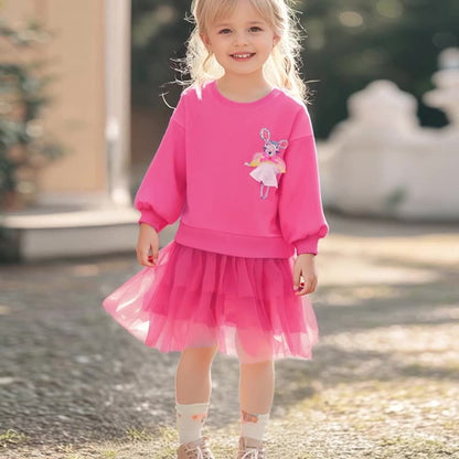 Autumn and Spring Arrival Cartoon Pattern Long Sleeves Dress with Tulle for Stylish Girls