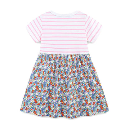 Summer Arrival Striped and Flowers Pattern Short Sleeves Color Patchwork Dress for Stylish Girls