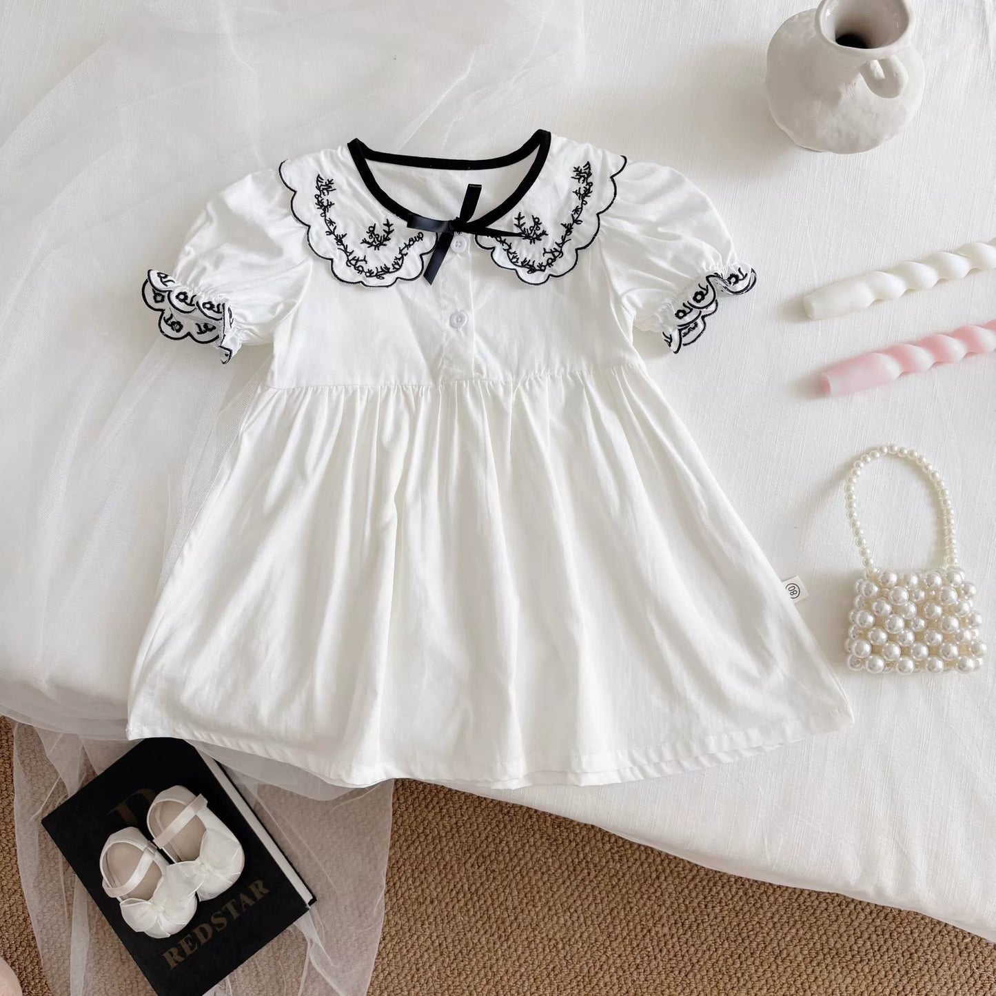 Summer Arrival Baby Girl Vintage Short Sleeves Dress with Flowers Embroidered Collar