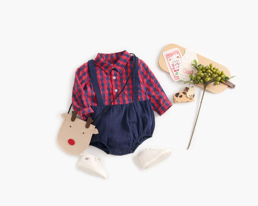 Baby Boy Plaid Pattern False One Pieces Design Lapel Bodysuit Onesies