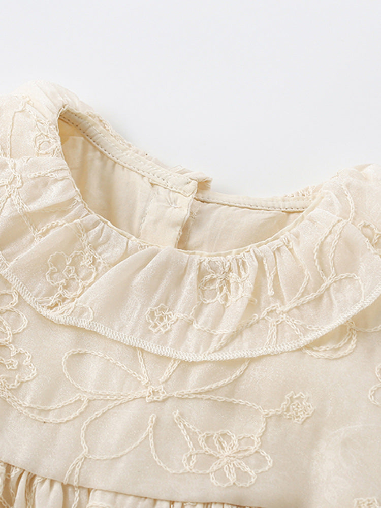 Summer Arrival Girls’ Floral Pattern Embroidery Short Sleeves Round Collar Dress