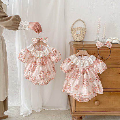 Design Summer Girls Flowers Pattern Short Sleeves Hollow Out Collar Onesies And Clothing Set – Sister Matching Clothing Set