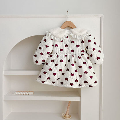 Red Heart Pattern Peter Pan Lace Collar Long Sleeve Fashion Princess Onesies&Dress
