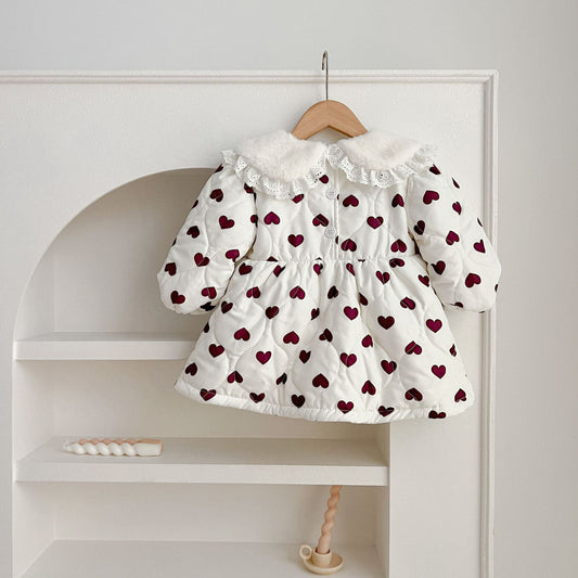 Red Heart Pattern Peter Pan Lace Collar Long Sleeve Fashion Princess Onesies&Dress