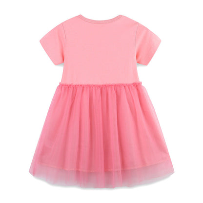 Summer Arrival Cotton Animals Pattern Tulle Patchwork Short Sleeves Dress for Stylish Girls