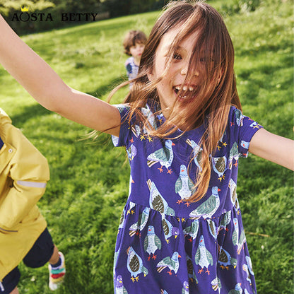 Summer Pure Cotton Animals Birds Pattern Short Sleeves Dress for Stylish Girls