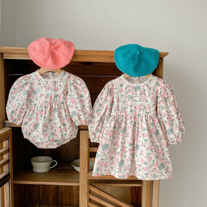 Baby Girl Flower Print Pattern Mesh Patchwork Design Onesies or Dress