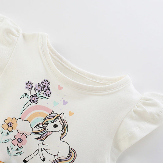 Summer Arrival Animals and Flowers Cartoon Pattern Fly Sleeves Tulle Patchwork Dress for Stylish Girls