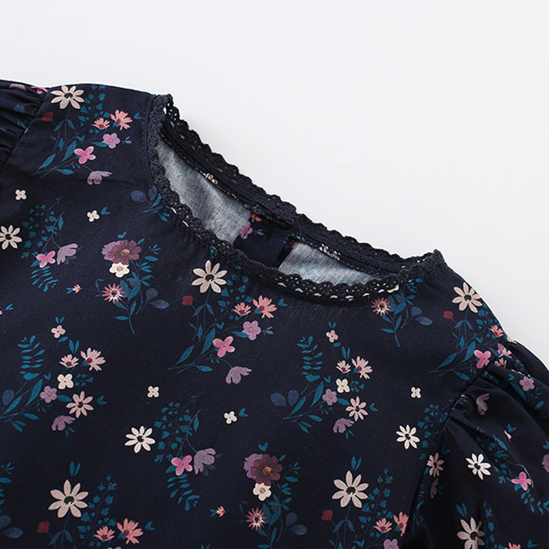 Summer Arrival Floral Pattern Short Sleeves Dress with Lace Trim Neck for Stylish Girls