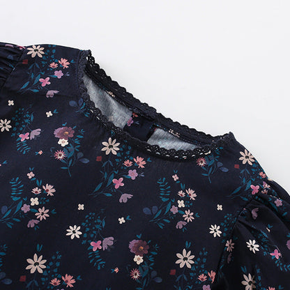 Summer Arrival Floral Pattern Short Sleeves Dress with Lace Trim Neck for Stylish Girls