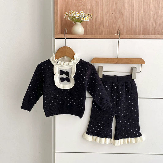 Arrival Autumn Baby Girls Long Sleeves Color Patchwork Dots Pattern Knitted Top Sweater and Long Trousers Clothing Set