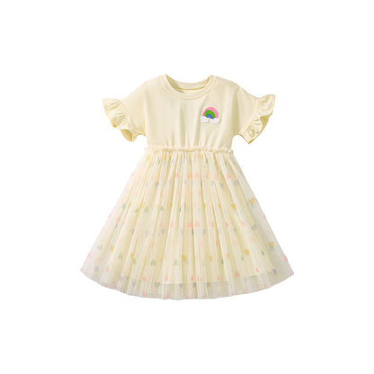 Summer Arrival Rainbow Pattern Short Sleeves Tulle Patchwork Dress for Stylish Girls