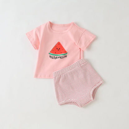 Baby Girl Fruit Pattern Short Sleeve Tops Combo Striped Graphic Triangle Shorts One Pieces Sets