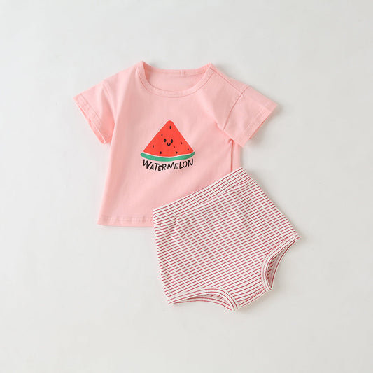 Baby Girl Fruit Pattern Short Sleeve Tops Combo Striped Graphic Triangle Shorts One Pieces Sets