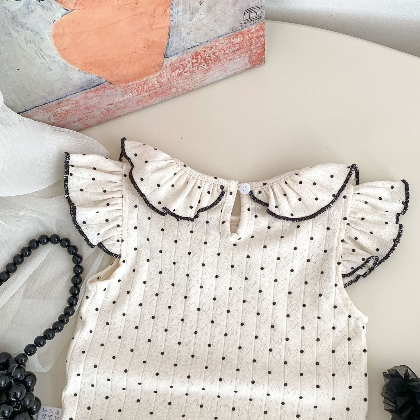 Summer Baby Kids Dots Pattern Fly Sleeves Top Vest with Black Skirt Clothing Set for Girls