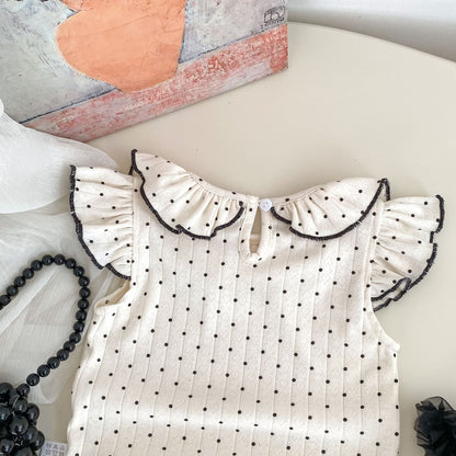 Summer Baby Kids Dots Pattern Fly Sleeves Top Vest with Black Skirt Clothing Set for Girls