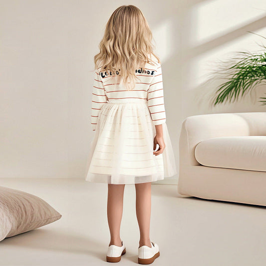 Autumn and Winter Warm Arrival Teddy Cartoon and Striped Pattern Long Sleeves Crew Neck Dress for Stylish Girls