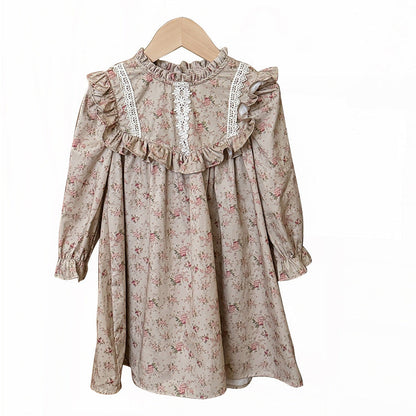 Spring and Autumn Ruffle Edged Neck French Style Floral Sweet Children’s Doll Dress