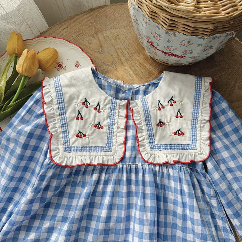 Arrival Autumn Girls Plaid and Cherry Pattern Long Sleeves Dress