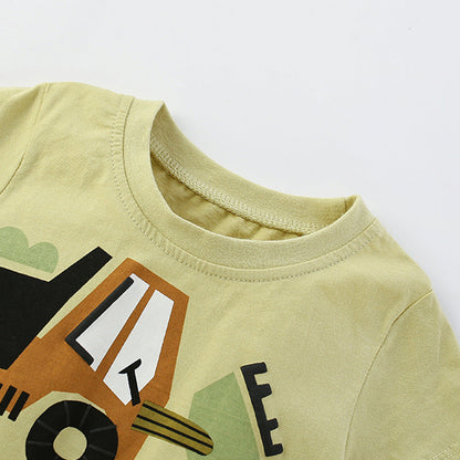 Summer Baby Kids Casual Excavator Cartoon Pattern T-shirt and Shorts Clothing Set for Boys