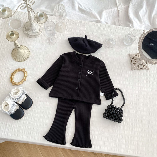 Spring and Autumn Kids Girls Cute Butterfly-bow Embroidered Long Sleeves Top and Pants Clothing Set