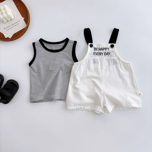 Summer Hot Selling Baby Kids Unisex Sleeveless Letters Embroidered Strap Overalls and Striped Vest Clothing Set