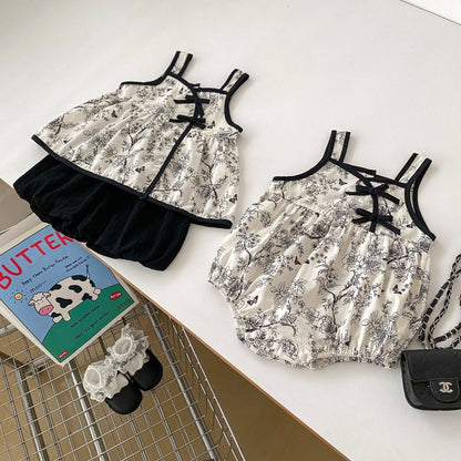 Summer Baby Kids Girls Flowers Pattern Sleeveless Strap Onesies, Top Dress And Solid Color Shorts Clothing Set
