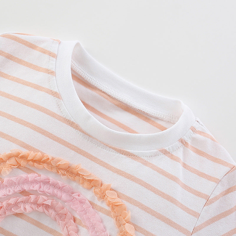 Summer Baby Kids Rainbow Pattern Striped T-shirt and Pink Shorts Clothing Set for Girls