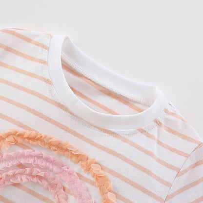 Summer Baby Kids Rainbow Pattern Striped T-shirt and Pink Shorts Clothing Set for Girls