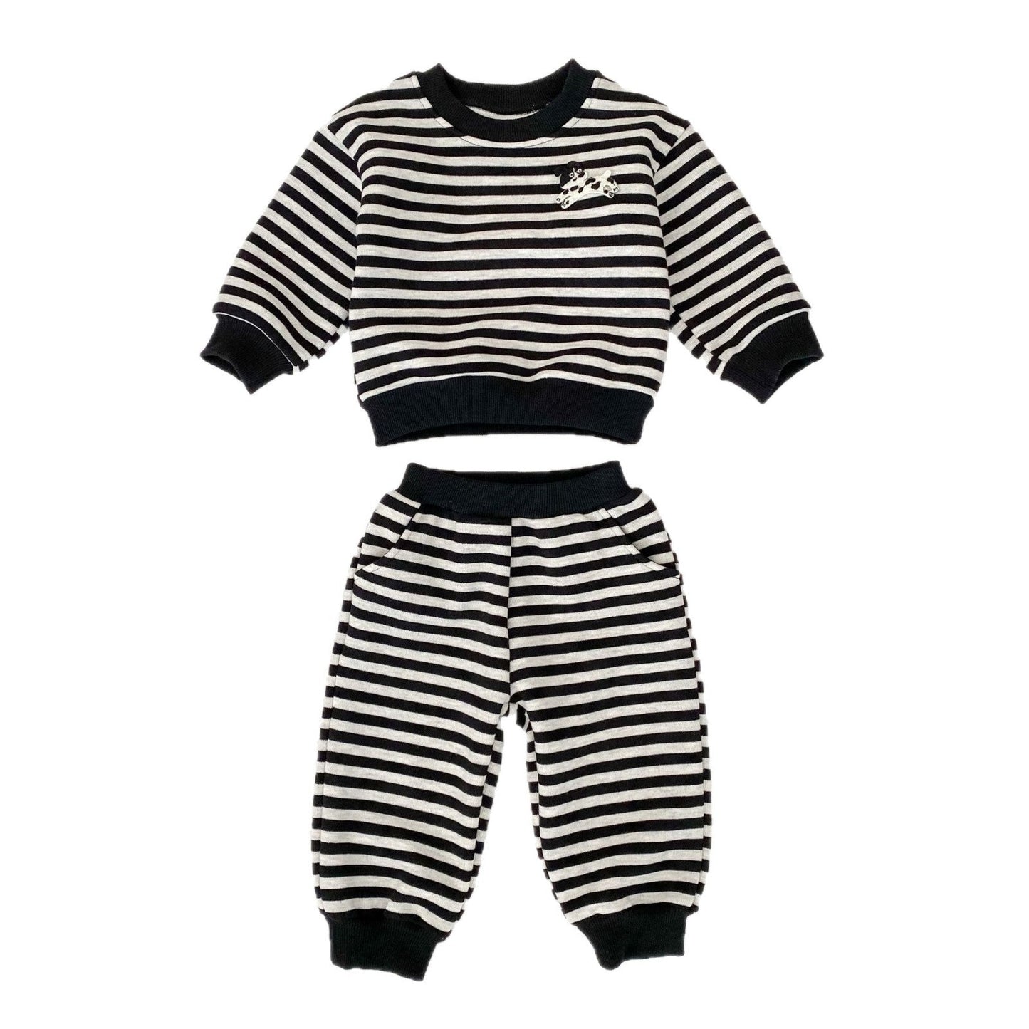 Spring and Autumn Baby Kids Boys Cartoon Pattern Striped Pullover and Pants