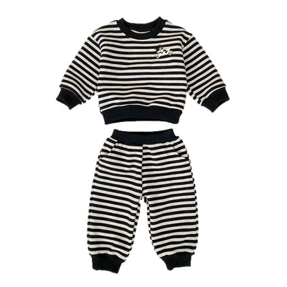 Spring and Autumn Baby Kids Boys Cartoon Pattern Striped Pullover and Pants