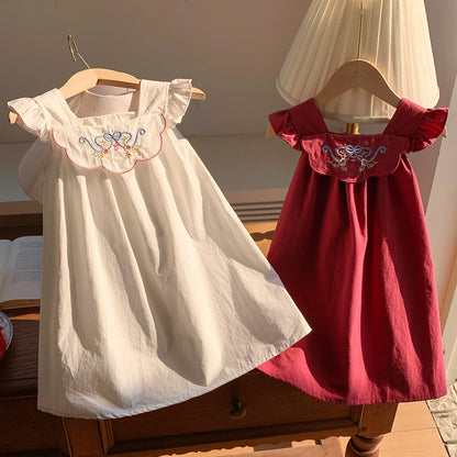 Summer Arrival Baby Kids Girls Fly Sleeves Flowers Embroidered Pattern Dress