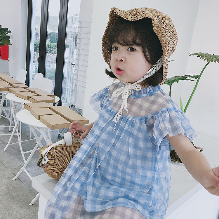 Design Summer Baby Kids Girls Light Plaid Pattern Short Sleeves Mesh Dress