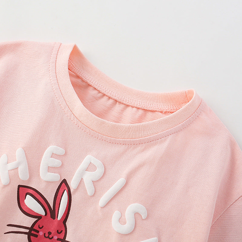 Summer Baby Kids Cartoon and Letters Pattern T-shirt and Floral Shorts Clothing Set for Girls