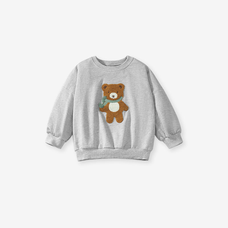Spring And Autumn Girls Teddy Bear Pattern Long Sleeves Top Sweatshirt And Black Pants Clothing Set