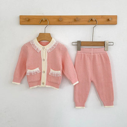 Arrival Autumn Baby Girls Long Sleeves Color Patchwork Knitted Top Cardigan and Long Trousers Clothing Set