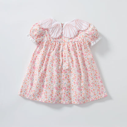 Baby Girl Short-Sleeved Floral Print Shell Shape Collar Pattern A Version Dress