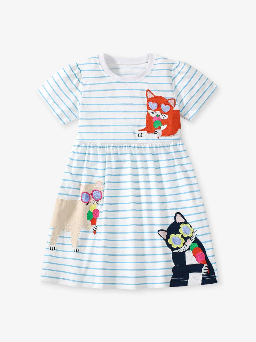 Summer Pure Cotton Animals Cartoon Pattern Short Sleeves Dress for Stylish Girls