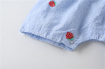 Baby Girl Plaid Graphic Strawberries Embroidery Snap Button Jumpsuit & Solid Tee Sets