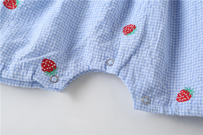 Baby Girl Plaid Graphic Strawberries Embroidery Snap Button Jumpsuit & Solid Tee Sets