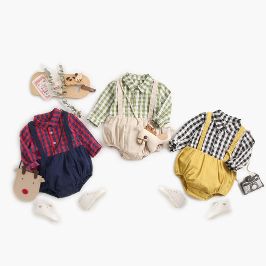 Baby Boy Plaid Pattern False One Pieces Design Lapel Bodysuit Onesies