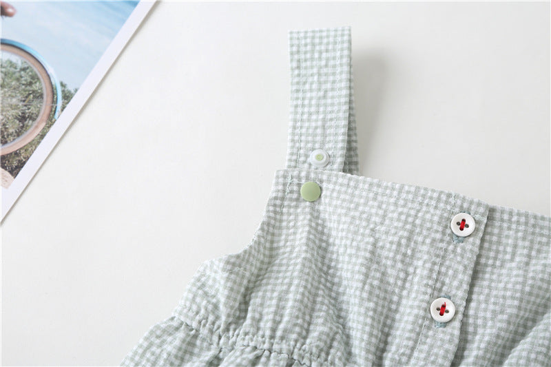 Baby Girl Plaid Graphic Strawberries Embroidery Snap Button Jumpsuit & Solid Tee Sets