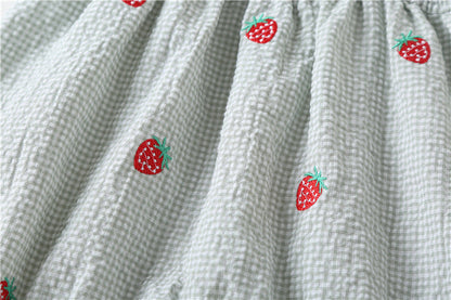 Baby Girl Plaid Graphic Strawberries Embroidery Snap Button Jumpsuit & Solid Tee Sets