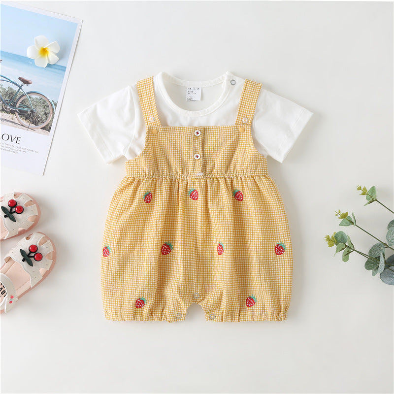 Baby Girl Plaid Graphic Strawberries Embroidery Snap Button Jumpsuit & Solid Tee Sets