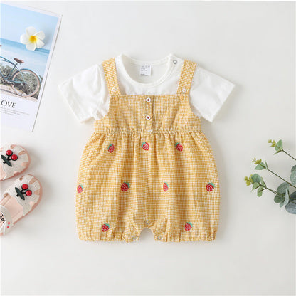 Baby Girl Plaid Graphic Strawberries Embroidery Snap Button Jumpsuit & Solid Tee Sets