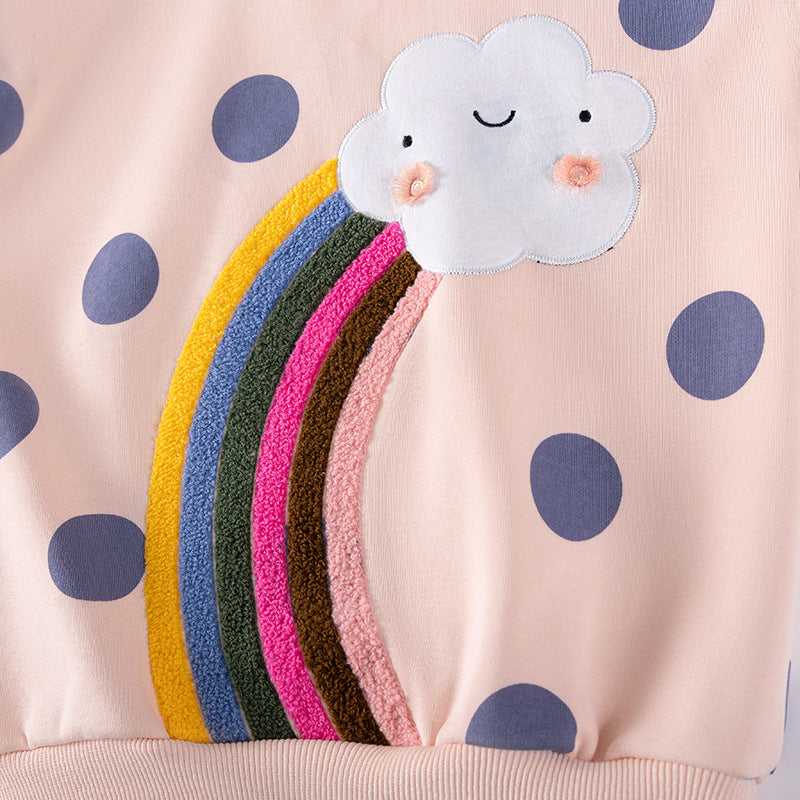 Winter and Autumn Girls Cartoon and Polka Dots Pattern Long Sleeves Sweatshirt and Plain Pants Clothing Set