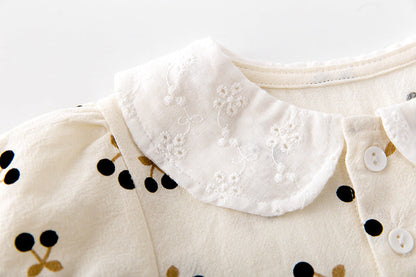 Baby Girls Cherry Print Doll Collar Design Neck Buttoned Puff-Sleeved Dress Onesies