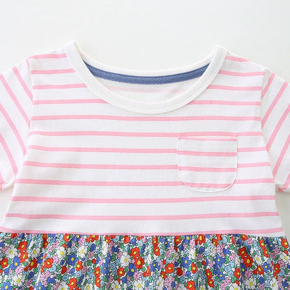 Summer Arrival Striped and Flowers Pattern Short Sleeves Color Patchwork Dress for Stylish Girls