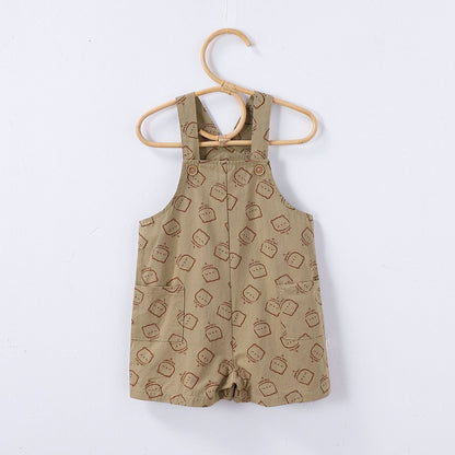 Summer Baby Kids Unisex Fruits Embroidered Pattern Short Sleeves T-shirt and Teddy Pattern Rompers Overalls Clothing Set